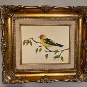 Vintage framed and signed original oil painting of a Western Tanager bird